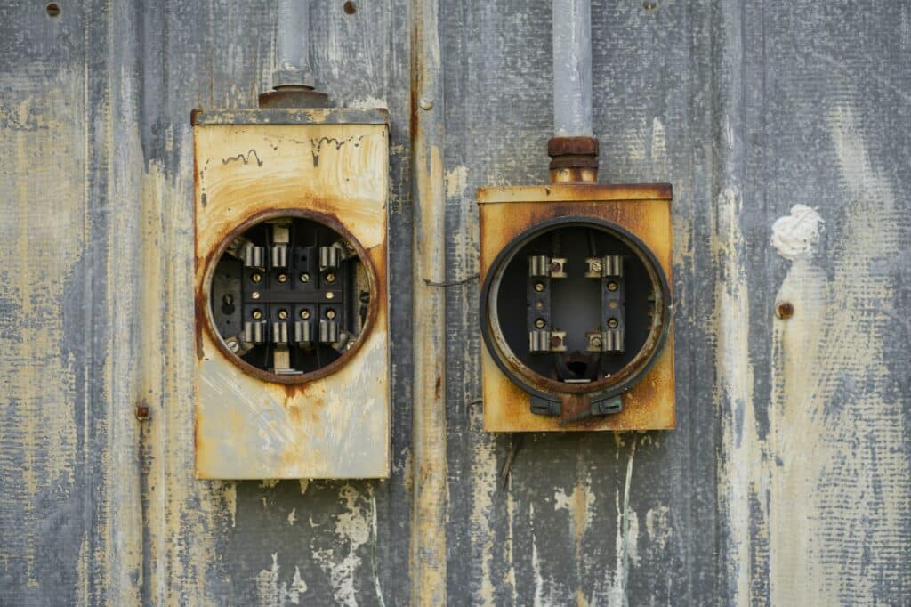 Ancient Vintage Rusted Outdoor Electrical Fuses Boxes Holders in need of Restoration.